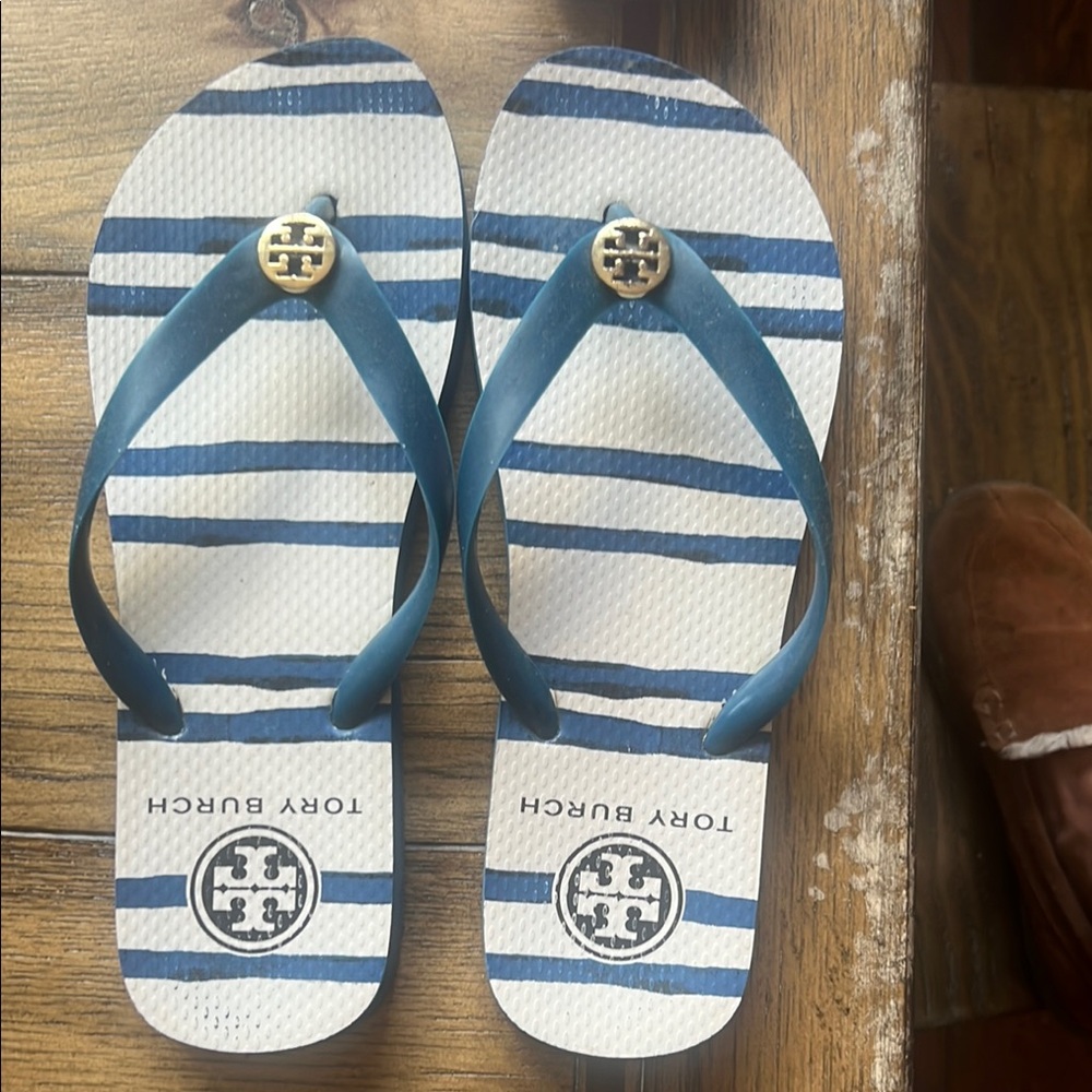 Tory Burch Navy and White Striped Sandals